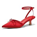 Coutgo Satin Kitten Low Heels with Bow Closed Pointed Toe Short Pumps Dress Wedding Party Shoes
