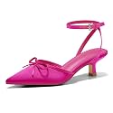 Coutgo Satin Kitten Low Heels with Bow Closed Pointed Toe Short Pumps Dress Wedding Party Shoes