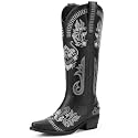 Cowboy Boots for Women - Western Knee High Cowgirl Boots with Sparkly Rhinestone, Retro Embroidered Tall Boot Pointed Toe Side Zipper for Country Concert Outfit Wedding Party