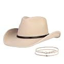 Cowboy Hat Water-Resistant Felt Hats 100% Wool Wide Brim Western Panama Rancher Hat for Women Men