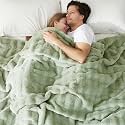 Cozy Bliss Fluffy Faux Fur Blanket Queen Size for Bed, Fuzzy Soft Striped Plush Blanket, Thick Throw for Bedroom Couch Gift, 90x90 Inches Sage Green