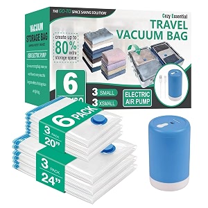 cozy essential travel vacuum bags with electric pump 6 pack vacuum travel bags for luggage and suitcase vacuum seal space saver compression for clothes clothing