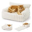 COZY KISS Cute Cat Bed with Removable Cover, Multifunctional Plush Faux Fur Pet Couch Bed with Blanket, Ultra-Soft Pet Furniture for Cats & Small Dogs (Cream, S: 25''x18'')