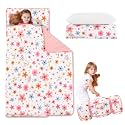 Cozyholy Toddler Nap Mat with Pillow and Blanket Pink Floral Leaves Fleece Kindermat Girls Nap Mats for Preschool Daycare Kids Sleeping Bag Portable Sleeping Mat Toddler Cot Bed for Travel Camping