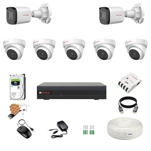 cp plus 24mp 8 channel dvr 24mp 5 dome amp 2 bullet cameras audio recording night vision  built-in mic audio  crystal ir leds  motion detection  2 tb hdd  8 ch smps  cctv cable  bncdc