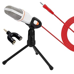 cp-tech 35mm aux condenser microphone for laptop desktop mobile with stand amp 2in1 splitter mic for youtube video gaming qq msn skype recording etc white