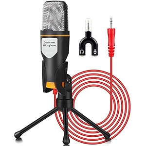 cp-tech 35mm aux condenser microphone for laptop desktop mobile with stand amp 2in1 splitter mic for youtube video singing over internetskype recording etc black 1 year warranty