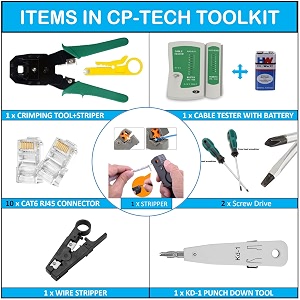 crimping tool kit  10pcs rj45 conector  lan tester  wire stripper 3in1 modular crimp rj11 utp cat5ecat6 lan cutter rj45 rj12 4p4c 4p2c punch down impect tool full-combo-12