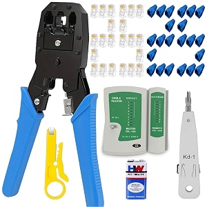 rj45 rj11 crimping tool kit for cat5ecat6 with lan cable tester 25pcs rj45 connector with cap kd-1 punch down tool and network wire stripper combo-9