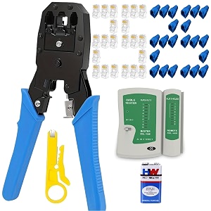 rj45 rj11 crimping tool kit for cat5 cat5e amp cat6 cable 8p8c 6p6c 4p4c amp 4p2c cut strip crimp 25pcs connector with cap stripper amp lan tester combo-6