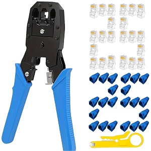 rj45 rj11 rj12 crimping tool kit for cat5 cat5e amp cat6 cable cut strip crimp 8p8c 6p6c 4p4c amp 4p2c 25pcs rj45 connector with cap and wire stripper combo-2
