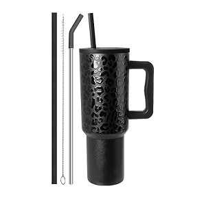 cpensus 1200ml stainless steel tumbler with lid and straw hot and cold with handle 100 leak proof mug cupholder for travelling gym 40-oz-leapard black