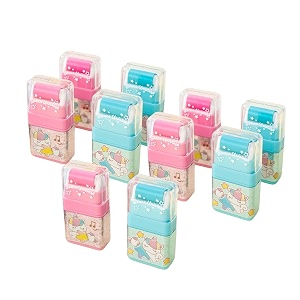 crackles cute kawaii cartoon roller eraser in a glitter cap pencil rubber eraser set stationery for boys and girls and birthday return gifts - pack of 10 design and color