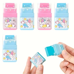 crackles cute kawaii cartoon roller eraser in a glitter cap pencil rubber eraser set stationery for boys and girls and birthday return gifts - pack of 5 design may vary pink and blue