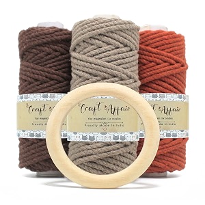 craft affair  3ply twisted cotton cord each color 10 meter 3mm  get free 7 cm wooden ring  cotton cord for wall hangers and other diy projects - biege coffe rust- pack of 3