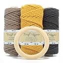 Craft Affair | 3ply Twisted Cotton Cord (Each Color 20 Meter, 3mm) | Get Free 7 cm Wooden Ring - Mustard, Stone, Charcoal- Pack of 3 | Cotton Cord for Wall Hangers and Other DIY Projects