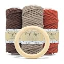 Craft Affair | 3ply Twisted Cotton Cord (Each Color 10 Meter, 3mm) | Get Free 7 cm Wooden Ring | Cotton Cord for Wall Hangers and Other DIY Projects - Biege, Coffe, Rust- Pack of 3