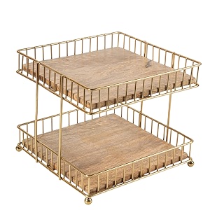 craft brio -a trendy handicrafts metal and wood decorative storage for fruit spice 2 tier vegetable baskets in kitchens - gold 8 inches height