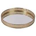 Craft Brio -A TRENDY HANDICRAFTS Round Glass Mirror Gold Plated Tray Decorative Vanity Perfume Storage Pooja Wedding Gifting Display Laser Cutting Trays (25 X 3 H cm)