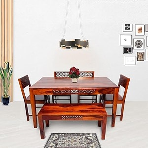 craft d arts cnc sheesham wood dining table 6 seater  six seater dinning table with 4 chairs amp 1 bench for home amp restaurant  dining room set  sheesham wood honey finish