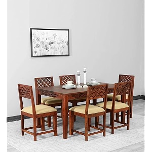 craft d arts wooden 6 seater dining table set  dining table 6 seater  six seater dinning table with 6 cream cushioned chairs  dining room furniture for kitchen amp restaurants  sheesham wood honey