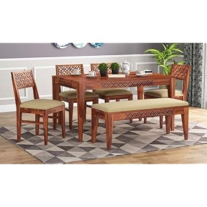 craft d arts solid sheesham wood 6 seater dining table set with 4 chair amp 1 bench with base cushion wooden dining room sets for home kitchen modern dining room furniture  teak finish