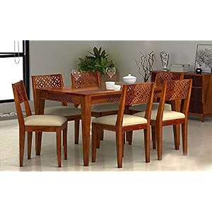 craft d arts solid sheesham wood 6 seater dining table set with 6 cushion chairs for living dining room hall home office restaurent hotel wooden dinning furniture honey finish