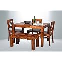 Solid Sheesham Wood 4 Seater Dining Table Set with 3 Chairs and Bench for Dining Room Sets Home and Restaurant Wooden Furniture Teak Finish