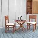 CRAFT D ARTS Wooden 2 Seater Dining Table Set | Round Dining Table 2 Seater | Four Seater Dinning Table with 2 Cushioned Chairs | Dining Room Furniture for Kitchen &amp; Restaurants, Sheesham Wood | Honey