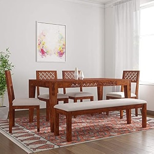 craft d arts wooden 6 seater dining table set  dining table 6 seater  six seater dinning table with 4 cushioned chairs amp bench  dining room furniture for kitchen amp restaurants sheesham wood honey