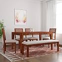 CRAFT D ARTS Wooden 6 Seater Dining Table Set | Dining Table 6 Seater | Six Seater Dinning Table with 4 Cushioned Chairs &amp; Bench | Dining Room Furniture for Kitchen &amp; Restaurants, Sheesham Wood, Honey