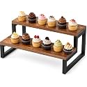 Craft Mshopr 2-Step Wooden Cake Stand Cupcake Display – Rustic Brown, 14-Inch Multi-Purpose Dessert Stand with Iron Accents – Tiered Wedding Cake Holder, Party & Bakery Serving Platter