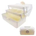 Craft Organizers and Storage,Plastic Box with 3-Tier Fold Tray and Handle,Portable Lockable Container for Arts, Crafts,Cosmetic, Sewing, Toy, Washi Tape(Cream Color)