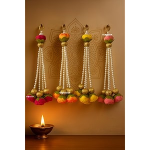 handmade wall decor fabric amp beads auspicious peony hangings 4 pieces12 inch each for home decordiwali decorwedding and all festival decor  hangings for home decoration
