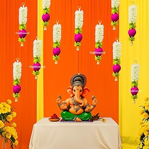 lotus hanging gajra set of 8  small 10 inch off-white fabric floral wall hangings  temple amp pooja room decoration items  backdrop decor for festivals amp diwali