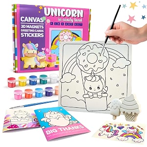craftopedia diy 4 in 1 canvas painting art amp craft set with 3d magnets greeting cards stickers  boys amp girls age 4567  unicorns in candyland multicolor