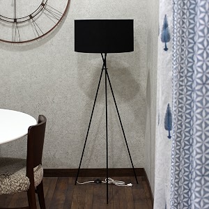 craftter metal tripod floor led lamp with stand for living room-standard size tripod fabric shade floor lamp for living room bedroom home decoration-black