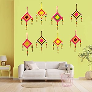 craftvatika kites wall pom pom hanging with bells strings decoration for home office door window haldi mehndi festival decoration items multicolor 8 pc39s