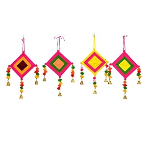 craftvatika kites wall pom pom hanging with bells strings decoration for home office door window haldi mehndi festival decoration items multicolor 4 pc39s