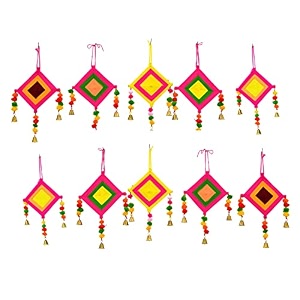 craftvatika kites wall pom pom hanging with bells strings decoration for home office door window haldi mehndi festival decoration items multicolor 10 pc39s