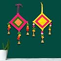 CraftVatika Kites Wall Pom Pom Hanging with Bells Strings Decoration for Home, Office, Door, Window, Haldi, Mehndi, Festival Decoration Items, Multicolor (2 Pc's)