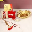 CraftVatika Rakhi for Brother with Gift Item Combo Set - Rakhi for Bhaiya Bhabhi Kids - Rakhis for Rakshabandhan - Metal Swan Serving Tray, Dora Bhai Lumba Velvet, Greeting Card