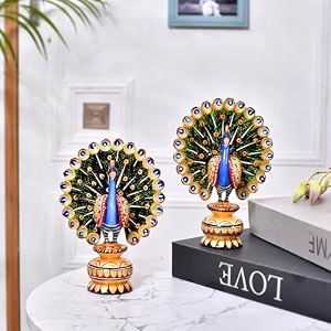 craftvatika wooden dancing peacock 6 inch set of 2 for home decoration rajasthani handpainted mor peacock showpiece for living room home office dcor diwali wedding housewarming gift