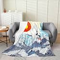 Crane Lightning Fleece Blanket,Ukiyo-e Style Bed Blanket for Adults Teens,Japanese Style Sea Wave Room Decor,Super Soft Bedding Set,40"x50"
