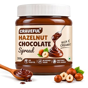 craveful hazelnut chocolate spread  no palm oil  no refined sugar  300 g  smooth amp creamy  sweetened with jaggery  perfect for bread toast pancakes amp desserts