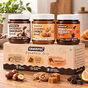 craveful signature trio chocolate spreads combo  hazelnut chocolate  caramel cookie  orange dark chocolate  3 x 300 g  without palm oil  no refined sugar  sweetened with jaggery  gift box