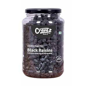 cravez seedless black raisins 500 gm  kali kishmish  high in antioxidants  naturally sweet amp tasty  fiberous amp delicious for snacking  no preservatives  no additives  healthy snacks fresh