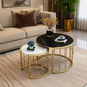 nesting tables for coffee tables in gold center tables and tea tables for living rooms with a table top finished in laminated marble-black white gold