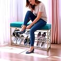 78x23x53 CM Metal 2 Tier Fleece Bench Shoe Rack with Mesh Cushion Seat | Portable Chappal, Sneakers, Boots Stand, Footwear Organizer | Stores Upto 8 to 10 Pairs (Green &amp; Golden)