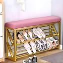 78x23x53 CM Metal 2 Tier Shoe Rack with Mesh Cushion Seat | Portable Chappal, Sneakers Slippers Stand Footwear Shoe Rack Organizer for Entryway, Office (Pink & Golden)
